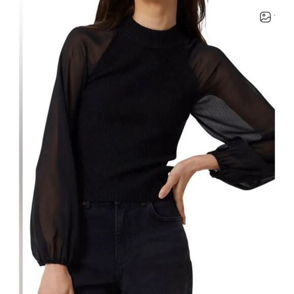 French Connection Melody Fabric Mix Black Mock High Neck Long Sleeve Top, S - Picture 1 of 7